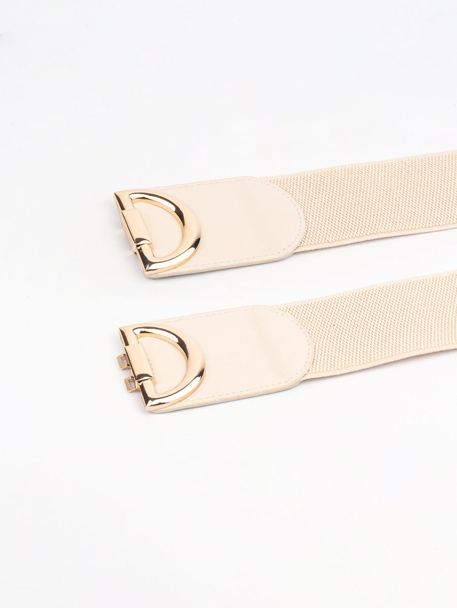 Cream elastic belt with double D gold buckle detail