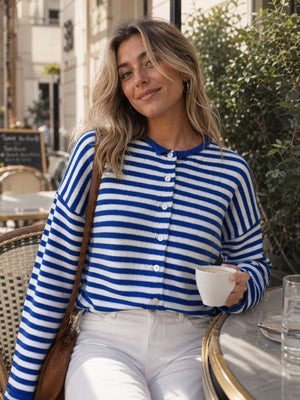 Long-Sleeve Striped Button-Down Knit Cardigan in Blue with buttoned