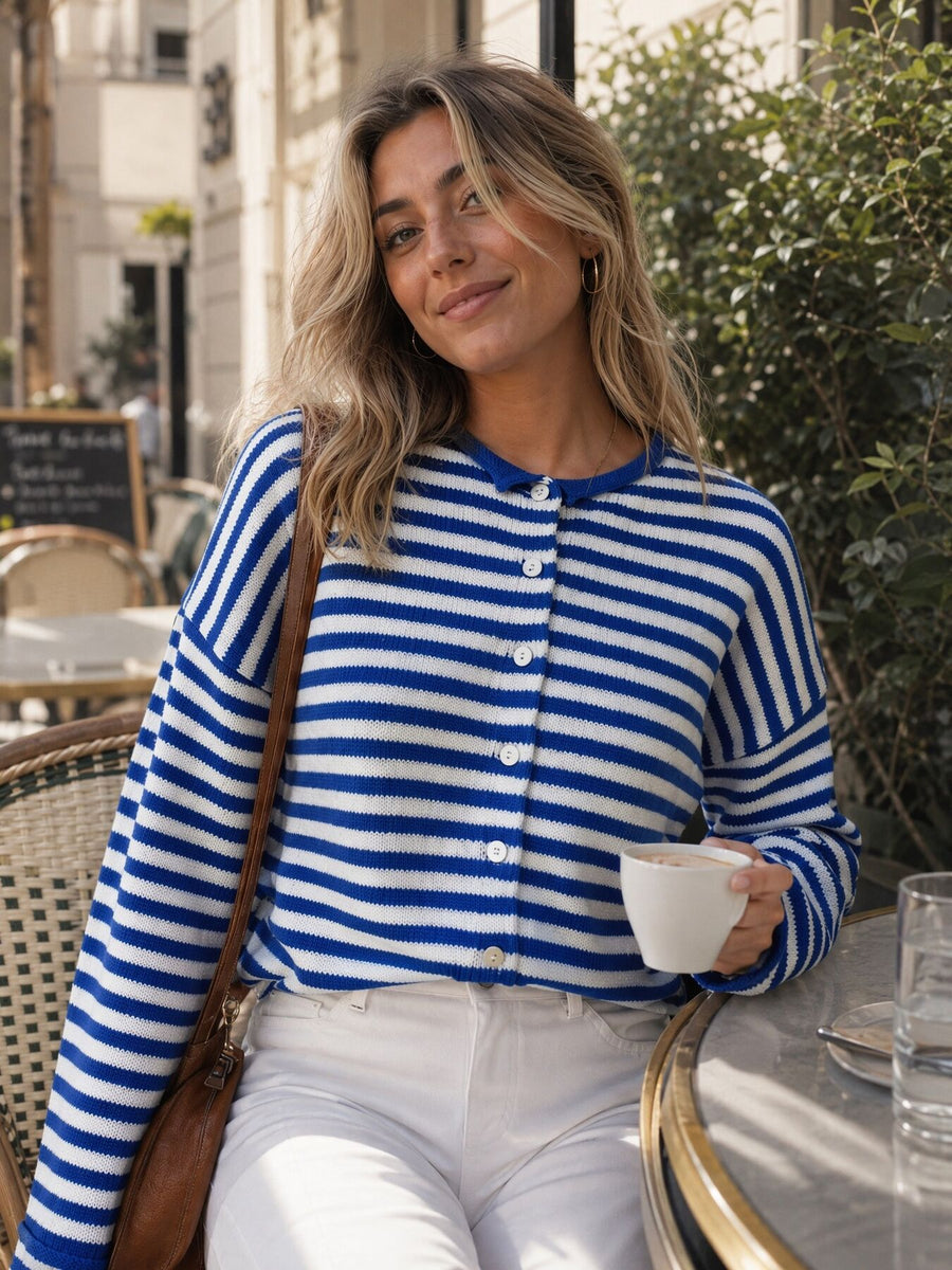 Long-Sleeve Striped Button-Down Knit Cardigan in Blue with buttoned