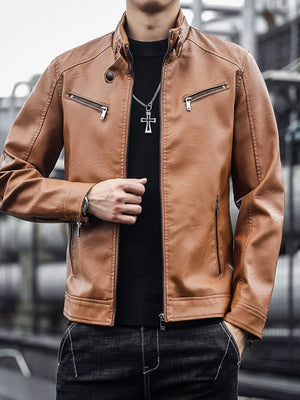 Men's brown leather zip-up jacket with zippered pockets and a stand-up collar.