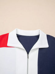 Americana colorblock mini dress with zipper, white collar, red, white, and dark navy panels.