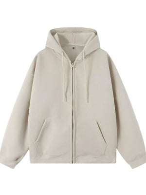 Casual loose fit zip-up hoodie in apricot with drawstring hood and front pockets.