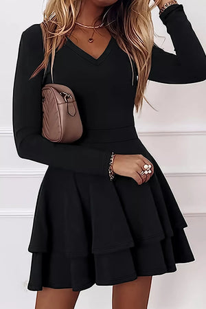 Layered Long Sleeve V-neck Mini Dress, view 16