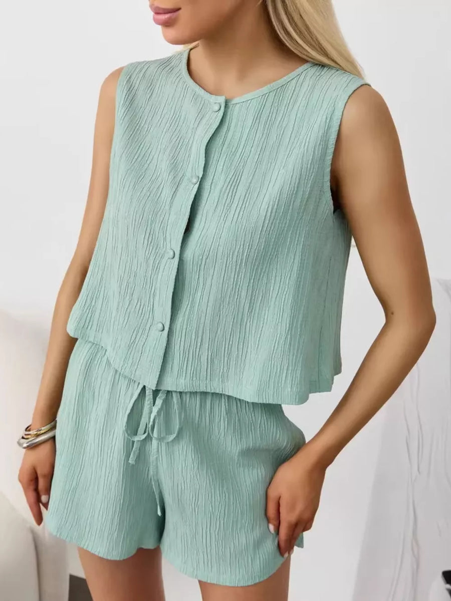 Light green textured cotton tank and shorts set with button front and drawstring waist.