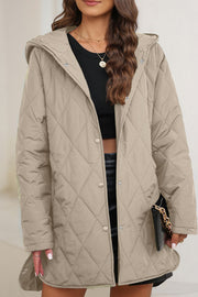 Beige diamond quilted hooded snap jacket with a relaxed fit.