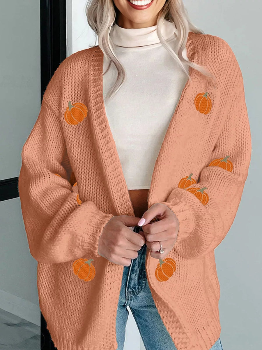 Embroidered pumpkin midi cardigan in sherbet with an open front and long sleeves.