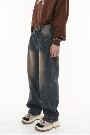 Vintage wash wide-leg jeans in Air Force Blue with pleated front detail