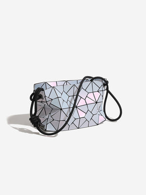 iridescent shoulder bag featuring geometric paneling and geometric