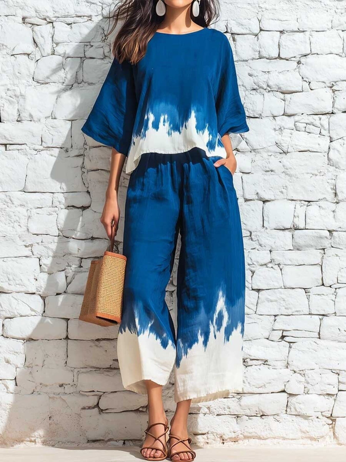 navy blue lounge set with tie-dye and round neck