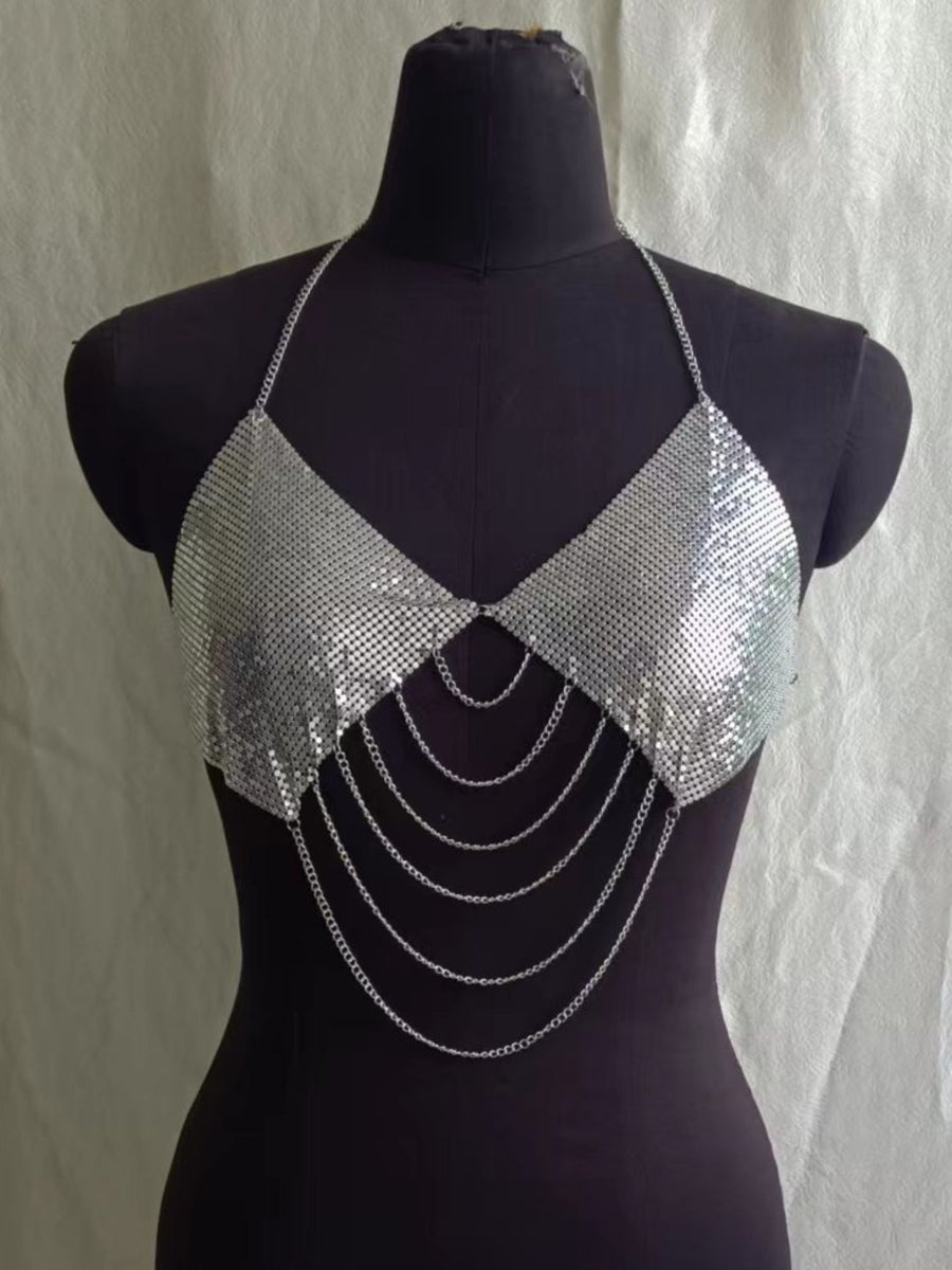 Metallic Chainmail Halter Cami Top in Silver