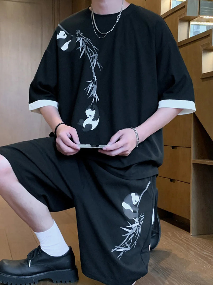 Men's Full Size Panda Bamboo Print Tee And Shorts Set in Black