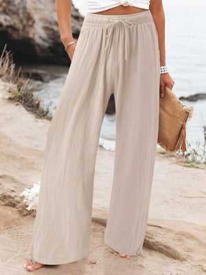 Blue Full Size Drawstring Wide Leg Pants Plus Size
