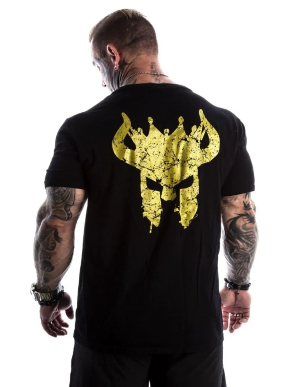 Black graphic t-shirt with a yellow Viking helmet back print.