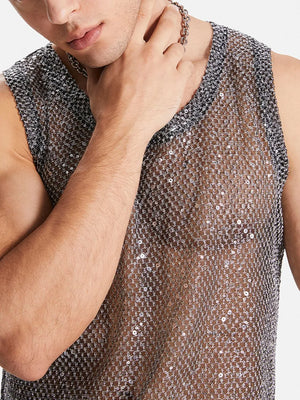 Silver metallic mesh tank top with sequin details and a V-neck.