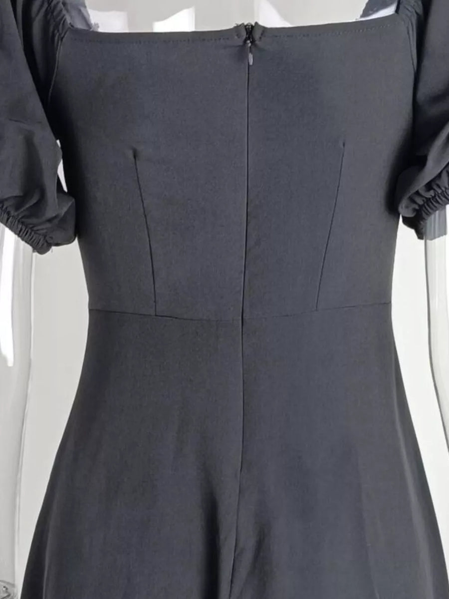 Black puff sleeve tie front midi dress with square neckline and back zipper.