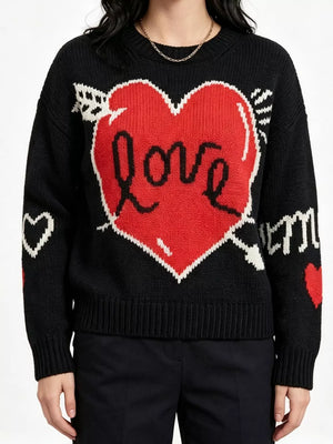 Heart Round Neck Ribbed Sweater in Blue