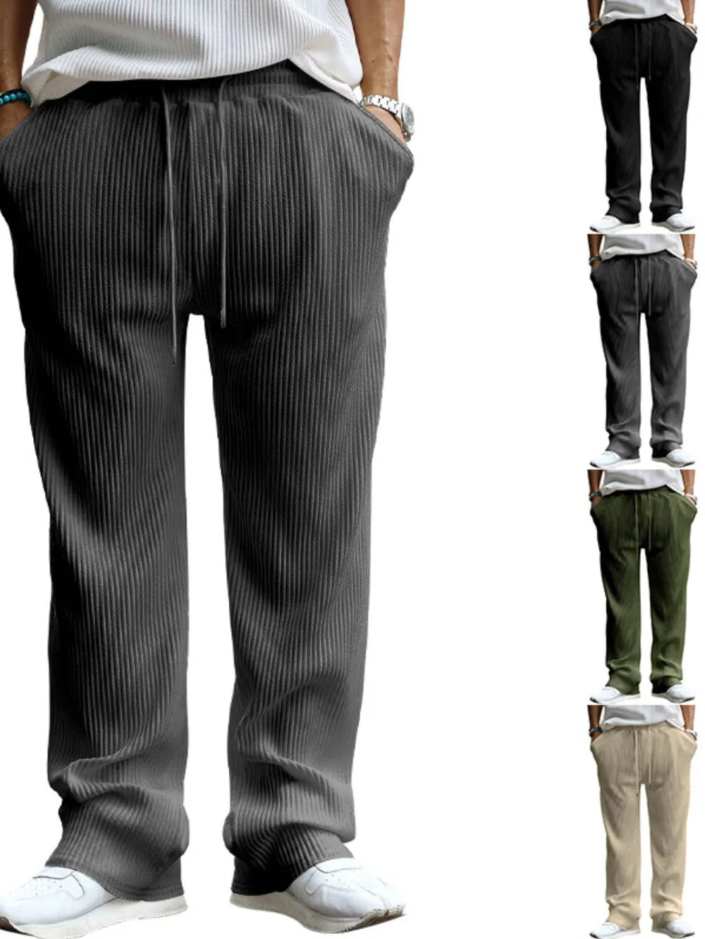 Textured wide-leg drawstring lounge trousers in dark gray with vertical ribbing.
