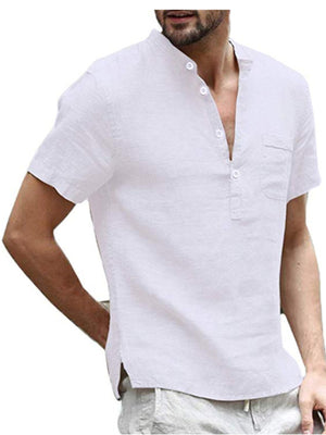 Men's white casual short sleeve shirt with button detail and chest pocket