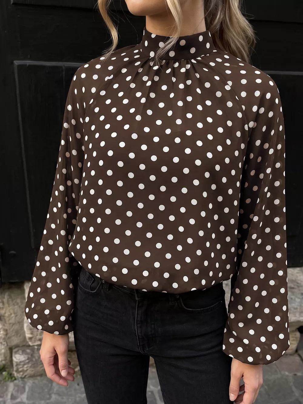 chocolate brown blouse with polka dot and mock neck
