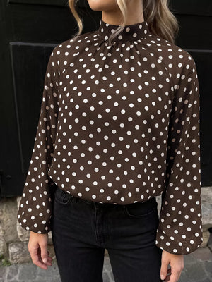 chocolate brown blouse with polka dot and mock neck