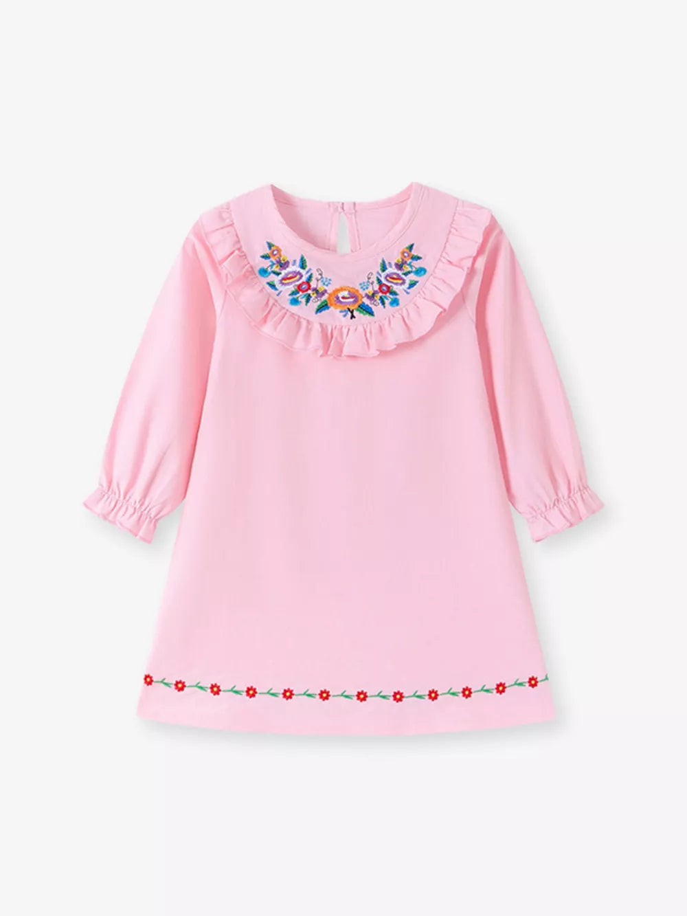 95%polyester, 5%spandex Care instructions: Machine wash cold A-line dress in light pink with A-line silhouette
