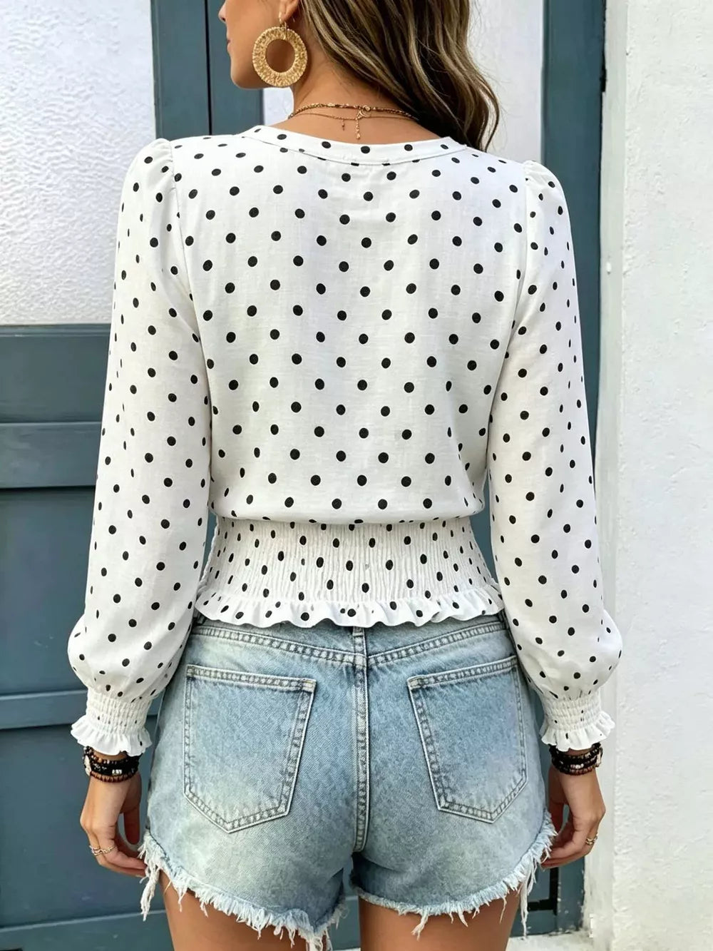 White Polka Dot V-neck Smocked Blouse