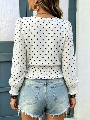 White Polka Dot V-neck Smocked Blouse