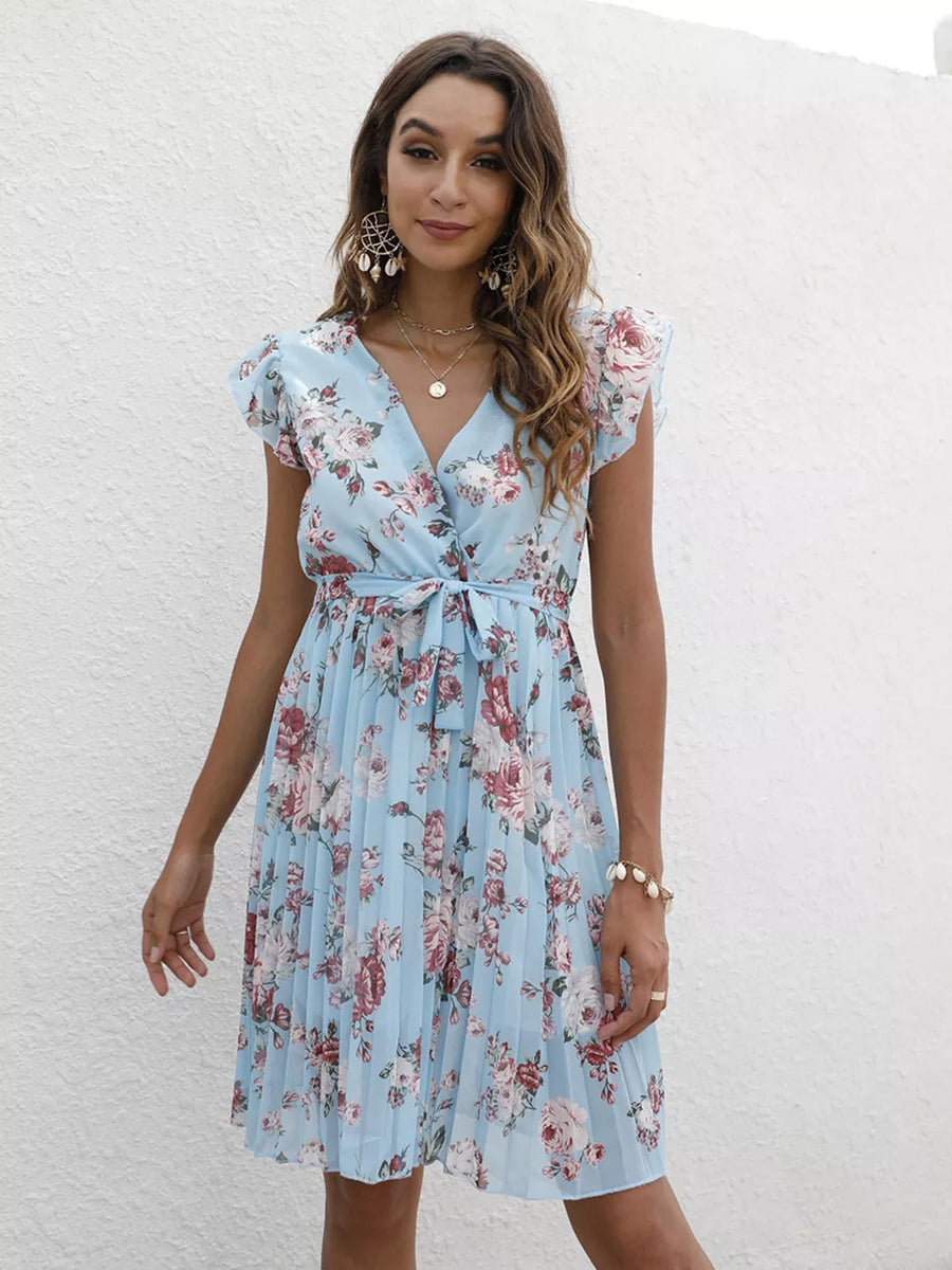Light blue floral pleated dress with ruffle sleeves and tie belt