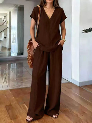 Green Full Size V-neck Short Sleeve Top And Pants Set