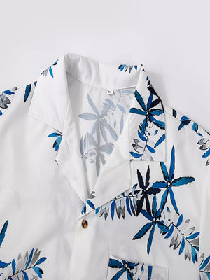 White with Men's Tropical Print Short Sleeve Shirt And Shorts Set in White