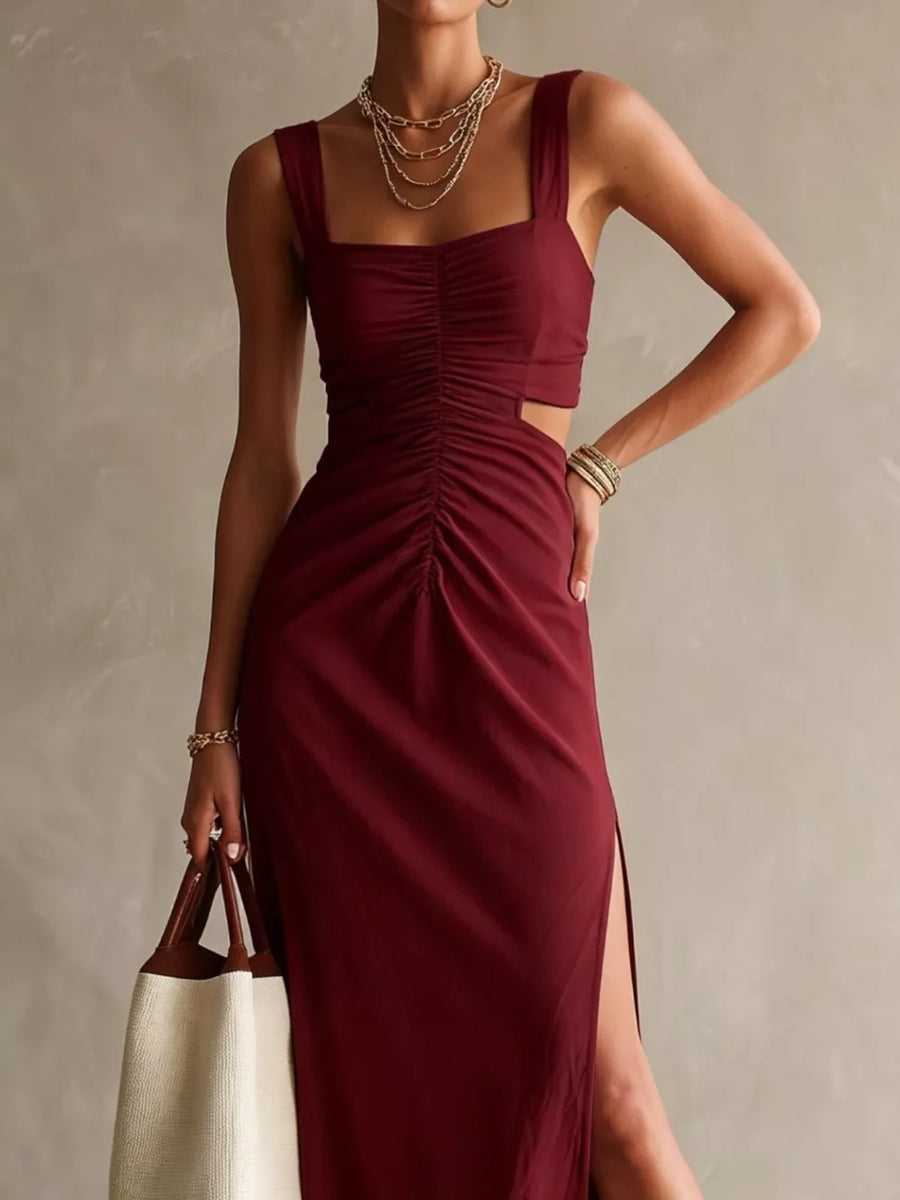 Ruched Cut-out Midi Dress in Black