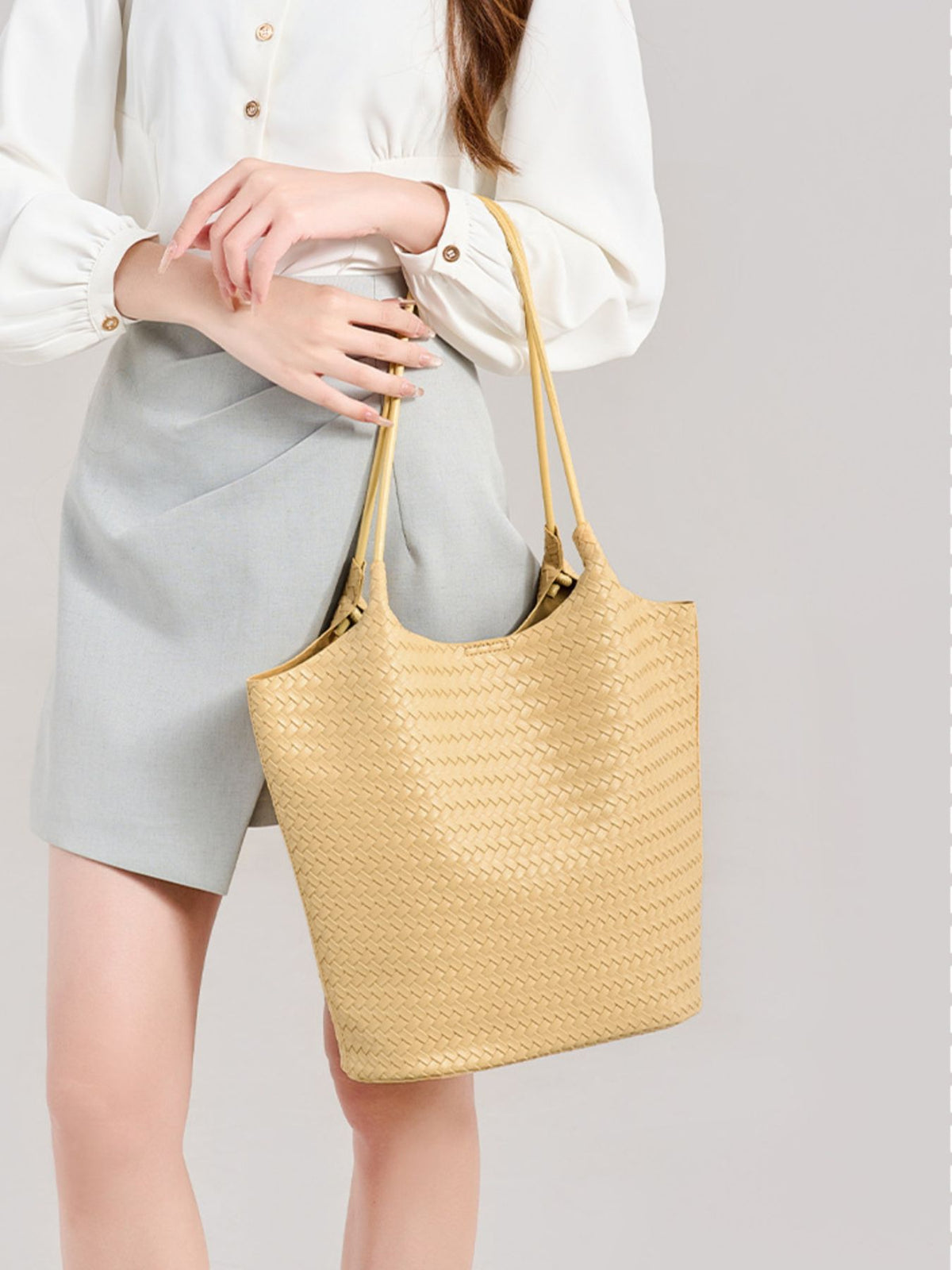 pale yellow PU Leather Imported Size &amp tote with woven texture and open-front