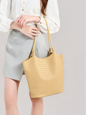 pale yellow PU Leather Imported Size &amp tote with woven texture and open-front