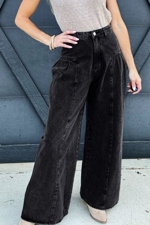 Black pleated front palazzo jeans with a wide leg