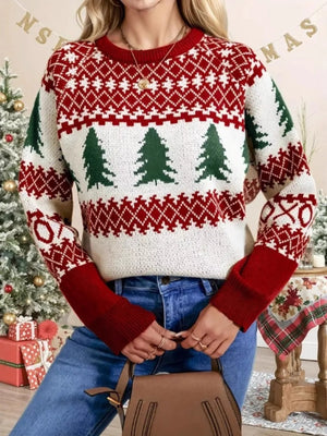 Red Christmas tree sweater with fair isle pattern and ribbed cuffs.