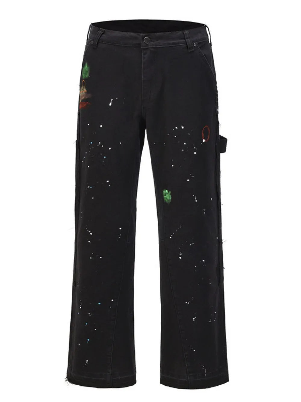 Black carpenter trousers with artisan paint splatters and bootcut leg.