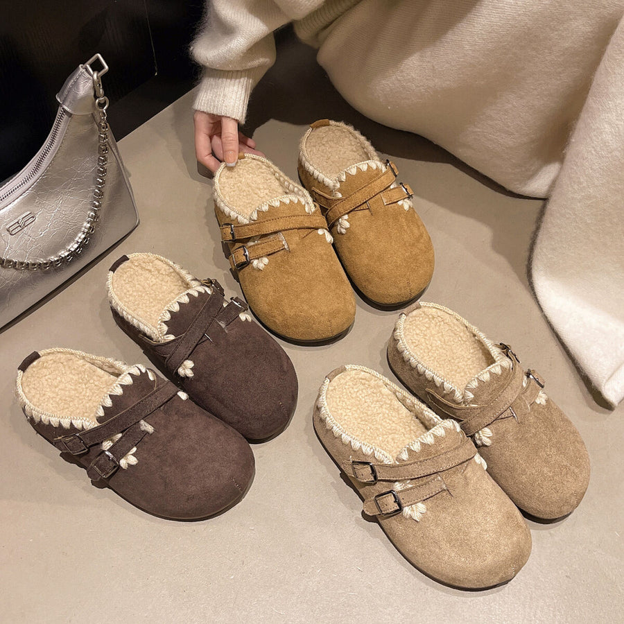 slip-on shoes in camel featuring fluff lining and clog fit