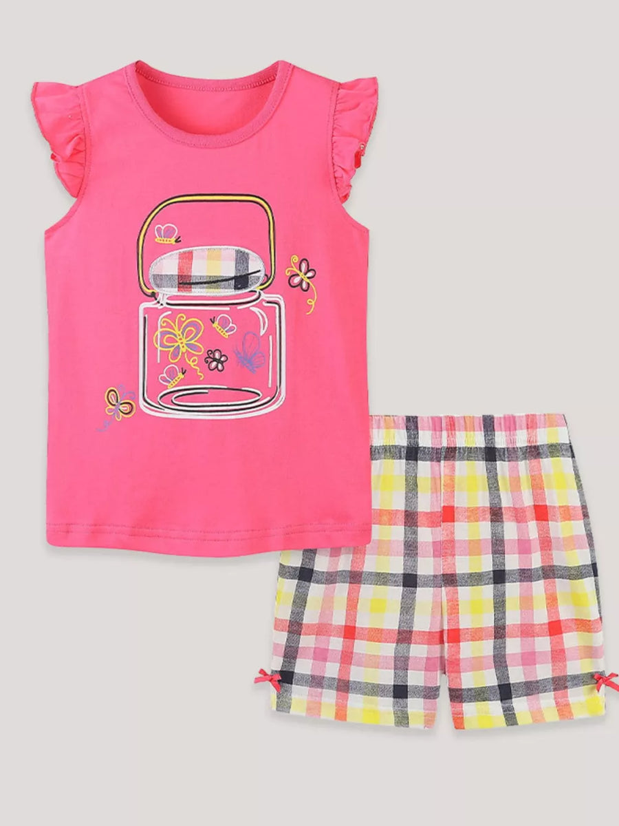 Pink ruffle sleeve tee with jar graphic and plaid shorts set.