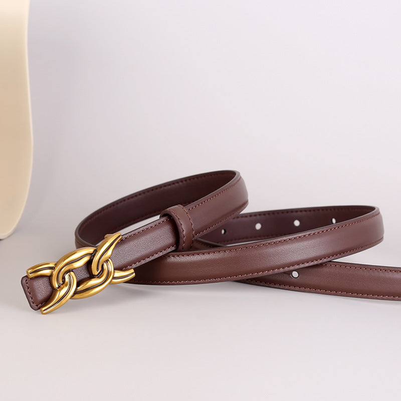 Brown cowhide leather belt with gold chain buckle detail