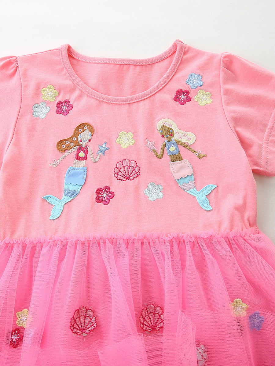 Pink cotton toddler dress with mermaid embroidery and a pink tulle skirt.