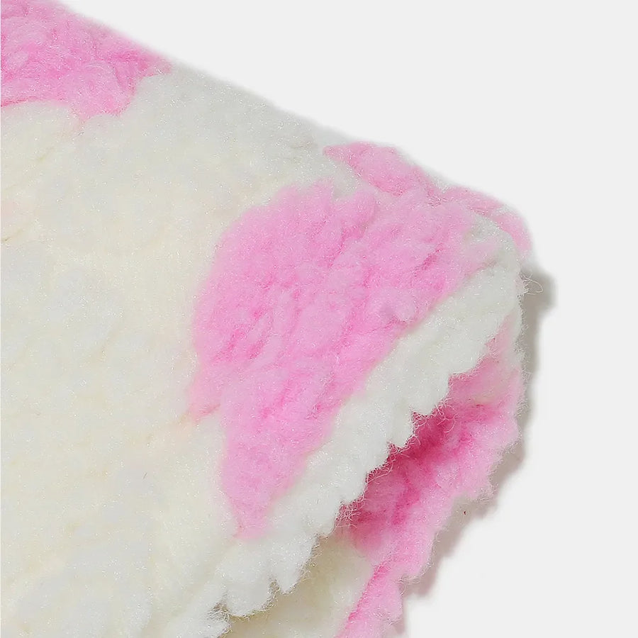 Pink and white fuzzy sherpa bucket hat with polka dot pattern