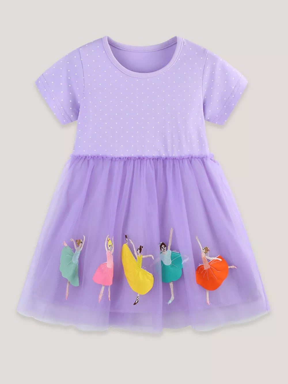 Lavender polka dot baby dress with embroidered ballerinas on a purple tulle skirt.
