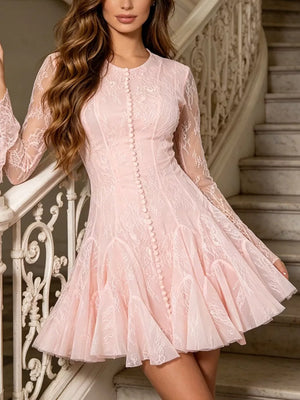 Pink Lace Flare Sleeve Mini Dress