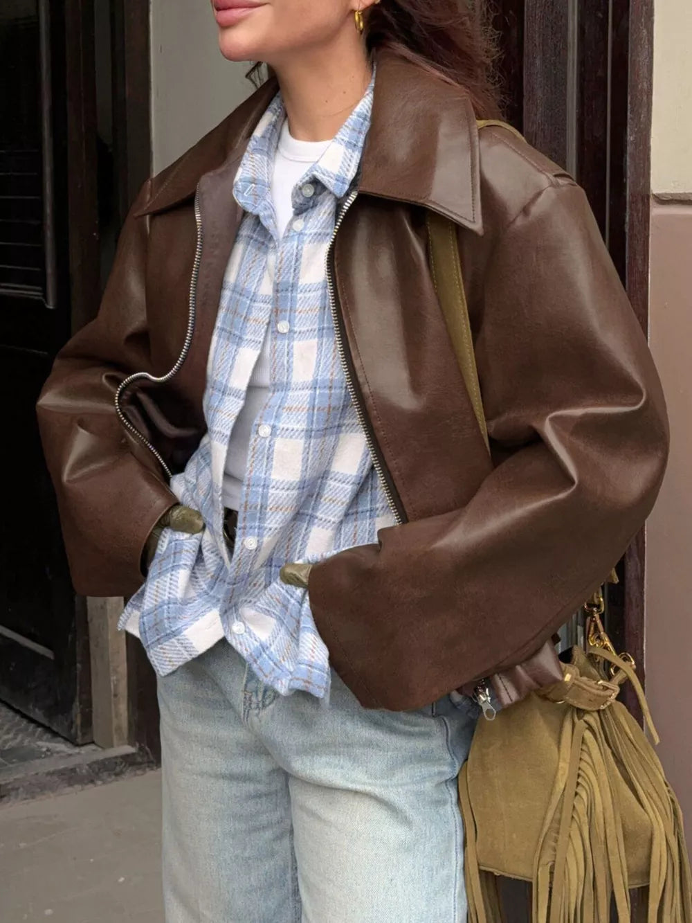 50% polyurethane, 50% polyester Care instructions: Machine wash cold bomber jacket in Burgundy with oversized silhouette