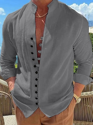 Dark Gray linen shirt with mandarin collar, button placket, and long sleeves.
