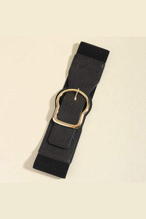 Black elastic belt with a sculpted faux leather overlay and gold buckle.