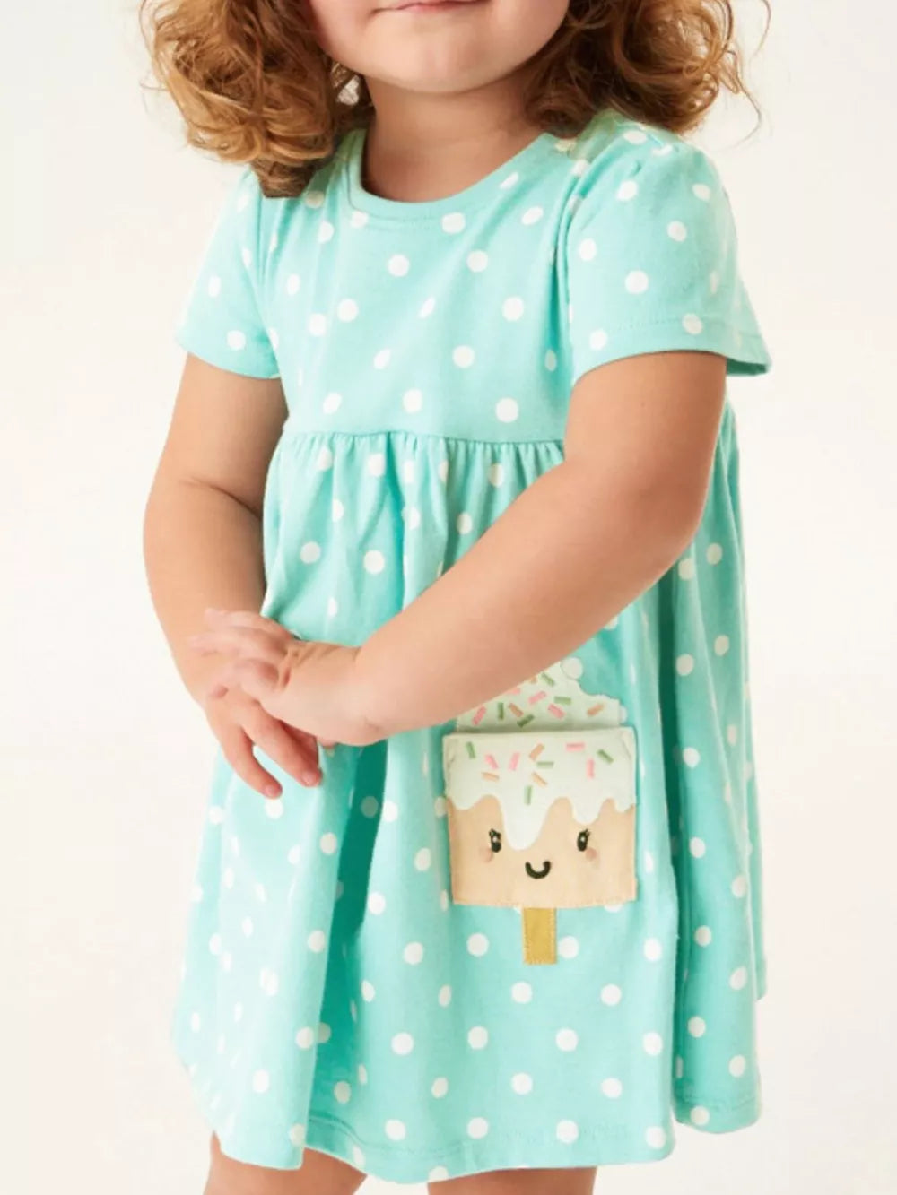 Baby dress with white polka dots and ice cream applique, cotton blend, a-line cut