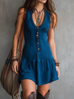 mini dress in teal blue featuring decorative button and A-line fit