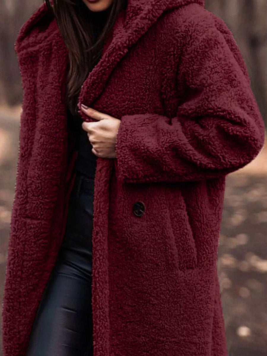 Wine Red teddy bear longline coat with hood and button closure.