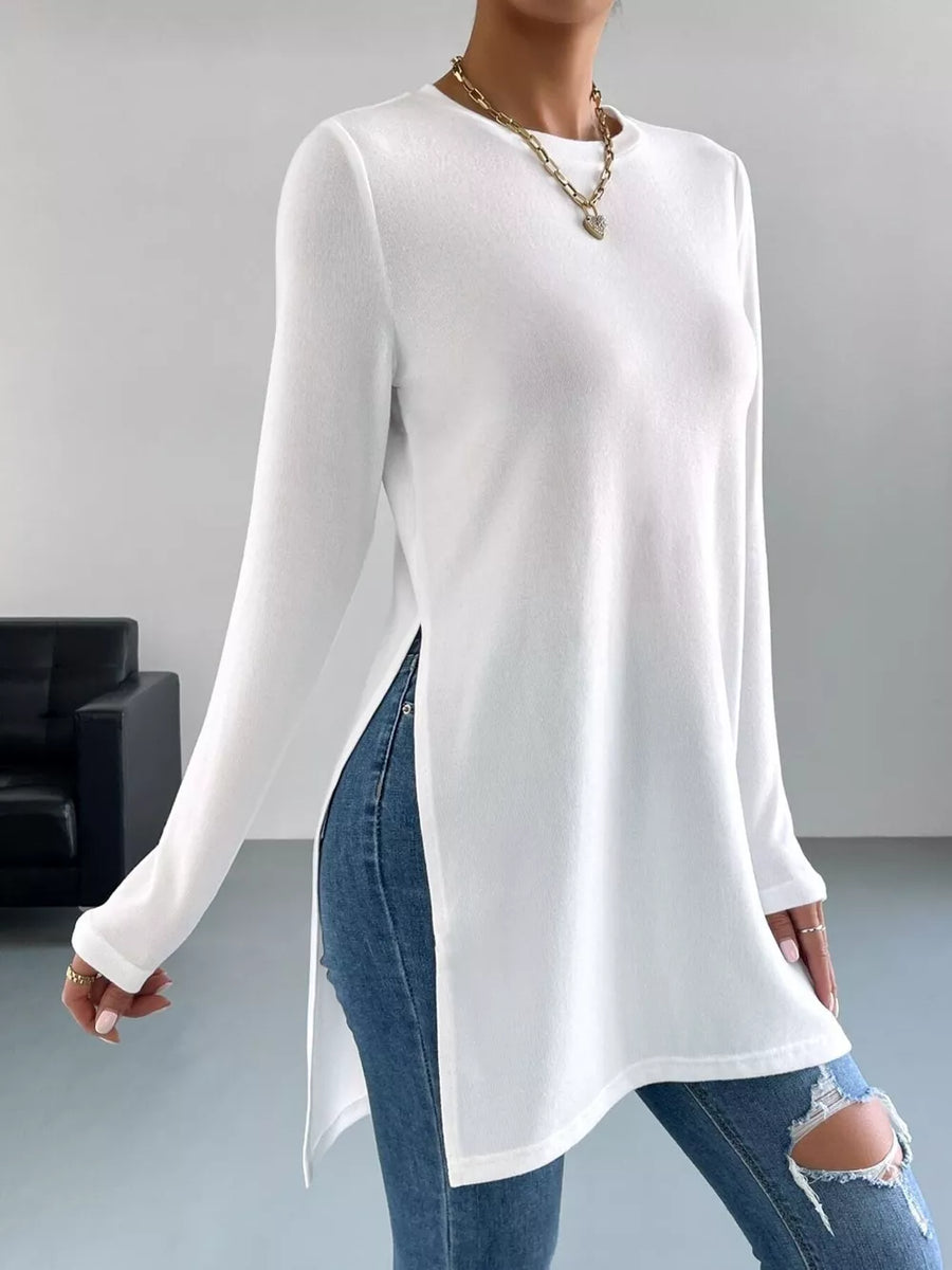 White with Long Sleeve Side Slit T-shirt